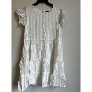 Doe & Rae Tiered Ruffle Sleeve‎ Sheer Stripe Dress White M